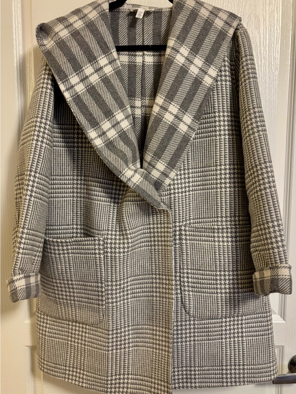 Splendid Gray and White Plaid Hooded Pea Coat